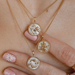 Collana con Ciondolo Circolare dei 12 Segni Zodiacali, Zircone e Conchiglia, Creativa e Semplice, Impermeabile, in Acciaio al Titanio, Gioiello per Feste - Product Image 1