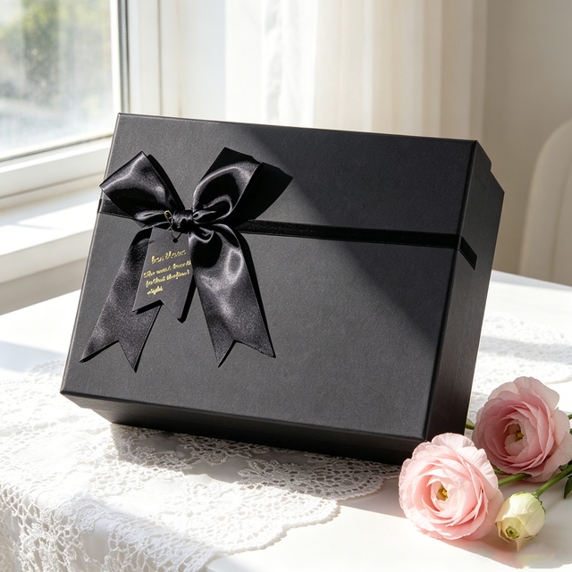 Custom Luxury Black Gift Box with Satin Ribbon Bow, Premium Rigid Paper Packaging Box for Wedding, Birthday, Holiday Gifting