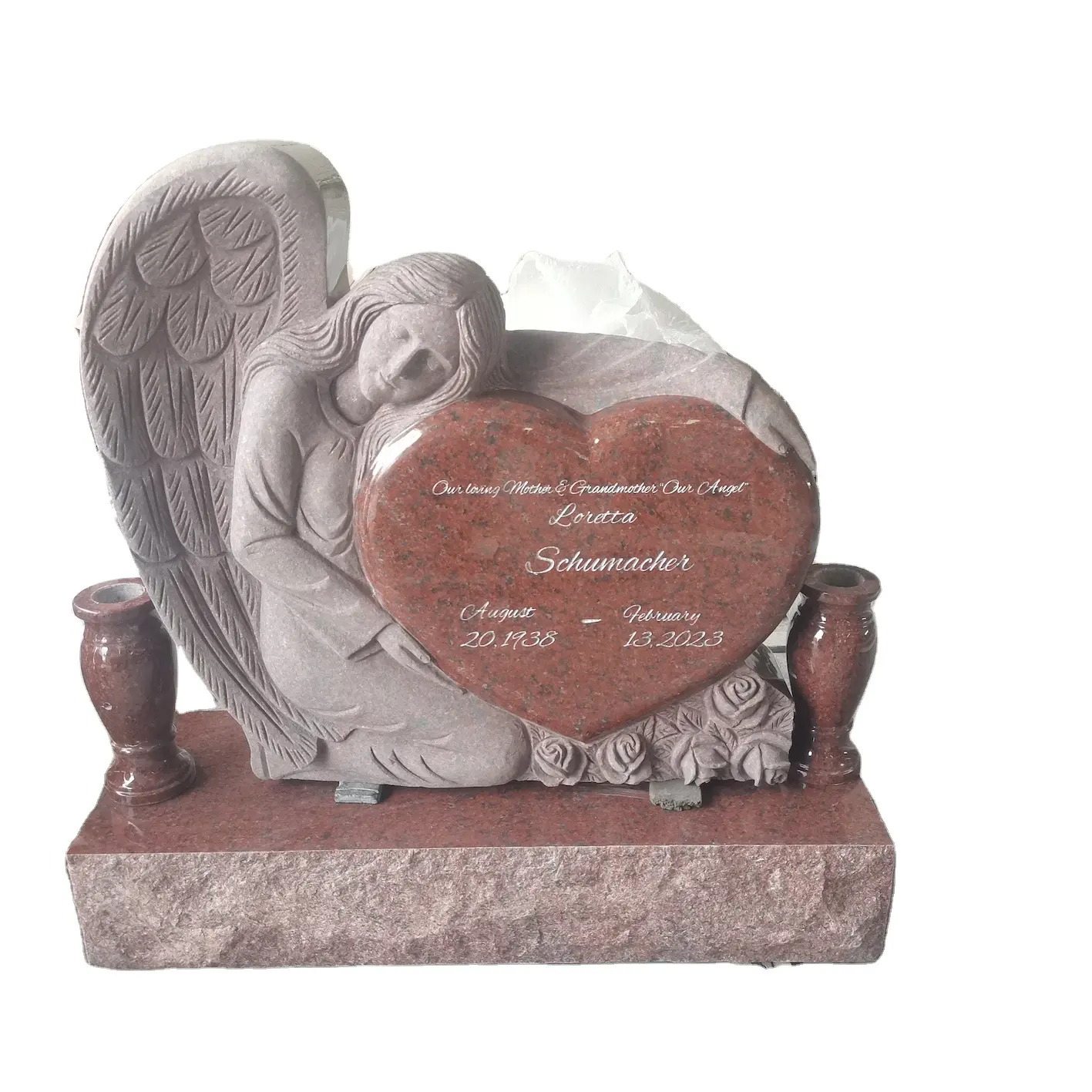 India red granite headstone Angel huge heart shape monuments with lettering customized