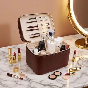 Litchi Grain PU Leather Double Layer Cosmetic <b>Case</b> with Top Handle - Product Image 3