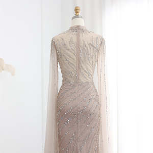 ชุดราตรีงานพรอม LSZ162 ลายพิมพ์ดอกไม้แบบจีบระบายขนนกคริสตัล 3 มิติ สไตล์อาหรับสีนู้ดแบบดูไบ ป้องกันไฟฟ้าสถิต แขนยาวแบบปกติ - Product Image 6