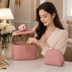 Wholesale PU Ostrich Texture Cosmetic Bag Set with <b>Vanity</b> <b>Case</b> and Shell Pouch Custom Logo Travel Makeup Organizer Gift Set - Product Image 3