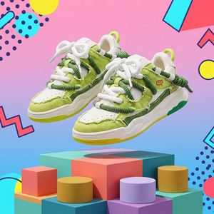 Ladies Low‑Top Sneakers Green White Canvas Raw Edge Deconstructed Double Laces Cartoon Patch Wavy Thick Sole Casual Sneakers - Product Image 1