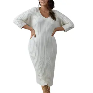 Personalizado Plus Size Curvy Cachemira de punto de color sólido High Street Jersey vestido para las mujeres