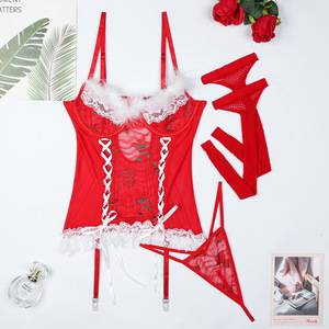 Abito rosso natale Lingerie da <span class=keywords><strong>donna</strong></span> Set tre pezzi in pizzo con piume incrociate Lingerie <span class=keywords><strong>capodanno</strong></span> - Product Image 6