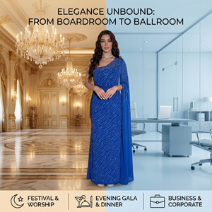 Robe de soirée longue élégante bleu roi à une épaule avec manches cape en mousseline de soie ornées de strass thermocollés et ceinture, idéale pour les fêtes formelles - Product Image 5