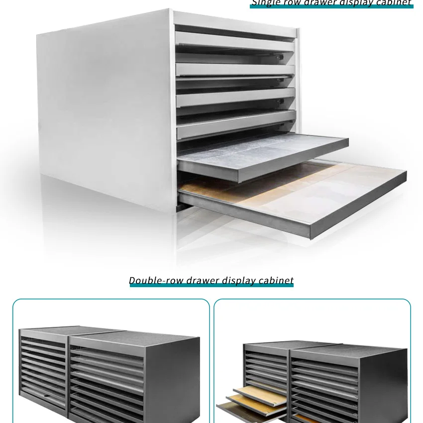 High Quality Showcase Factory Metal Floor Mdf Granite And Marble Sample Drawer Display Tile Cabinet Stand Stone Display Rack