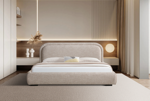Moderno e minimalista King-Size <span class=keywords><strong>letto</strong></span> imbottito durevole stile morbido stile grigio testiera rettangolare Beige con piedini in legno - Product Image 2