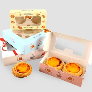 Cetakan kustom kertas Tart telur donat Macarons kemasan kotak makanan bawa ulang kotak kertas Tart telur kustom dengan jendela