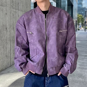 <b>Men's</b> <b>Purple</b> Suede Bomber Jacket Stand Collar Zip Up Loose Fit High Street Coat - Product Image 4
