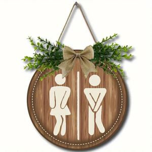 Panneau décoratif suspendu rond en panneau de densité, style ferme, pour la Saint-Valentin, avec indication des toilettes (hommes/femmes), pour salle de bain - Product Image 2