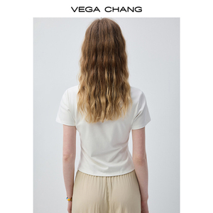 VEGA CHANG Dark Grey Short Sleeve <strong>T</strong> <strong>Shirt</strong> for <strong>Women</strong> with White Contrast Neck Trim Half Zip Front Detail Slim Fit Casual Layered - Product Image 2