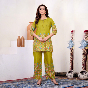Green Cotton <b>Kurta</b> Palazzo Set <b>Women</b> Digital Printed Ethnic Wear Loose Fit Summer Casual - Product Image 1