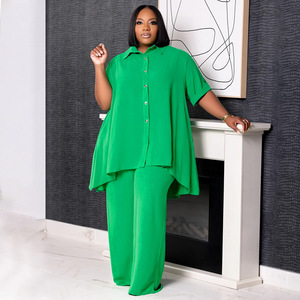 HO 2024 Nouveaux vêtements pour femmes grandes tailles, haut à manches courtes de couleur unie tendance, pantalon large à jambes larges, ensemble 2 pièces pour femmes - Product Image 2