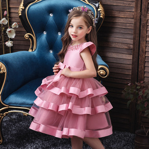 Robe de spectacle perlée pour enfants, jupe tutu multicouche, robe de demoiselle d'honneur rose pour filles - Product Image 1