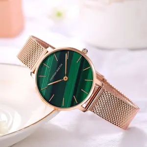Relógio luxuoso de malha trançada de aço inoxidável, com correia de couro personalizado, dourado rosa, verde, para malachite, para mulheres