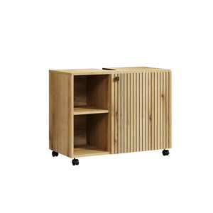 Venta al por mayor directa de fábrica: Mueble de baño bajo <span class=keywords><strong>fregadero</strong></span> con puerta de panel acanalado estilo europeo y ruedas - Product Image 1