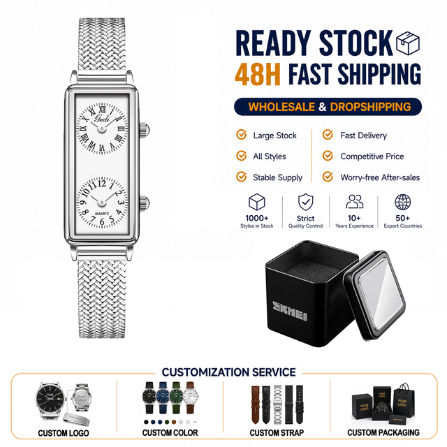 Women Vintage Quartz Custom OEM Watch Slim Dual Time Dial Fishbone Weave Stainless Steel Band Crafted for Casual Retro Styling