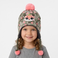 Bonnet enfant personnalisé avec logo, gris, vert camouflage, rose à pois, broderie renard, cache-oreilles, doublure polaire, pompon, chaud pour l'hiver, pour fille