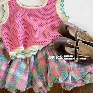 Jojo Korean Childrens Wear Pink Crochet Top Plaid Skirt Set Summer Outfit For Girls - Product Image 2