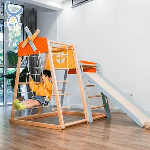 XIHA mulino a vento in legno arcobaleno telaio da arrampicata e rampa Montessori bambino Indoor Outdoor Slide Swing Kids Climb Frame