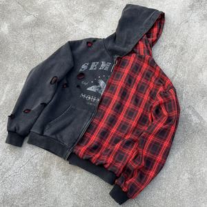 Sun Faded Cotton Printed Zipper <b>Hoodie</b> Acid Wash Heavyweight Reversible <b>Hoodie</b> Custom Plaid Oversized Distressed <b>Zip</b> <b>Up</b> <b>Hoodie</b> - Product Image 3