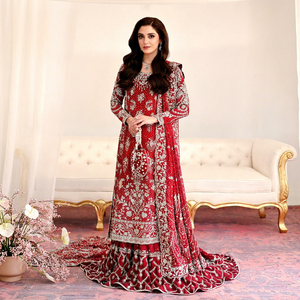 Conjunto de Lehenga de Boda Rojo Bordado, Largo hasta el Suelo, Corte en A, con Botones en la Espalda, para Mujer, Estilo Pakistaní - Product Image 1