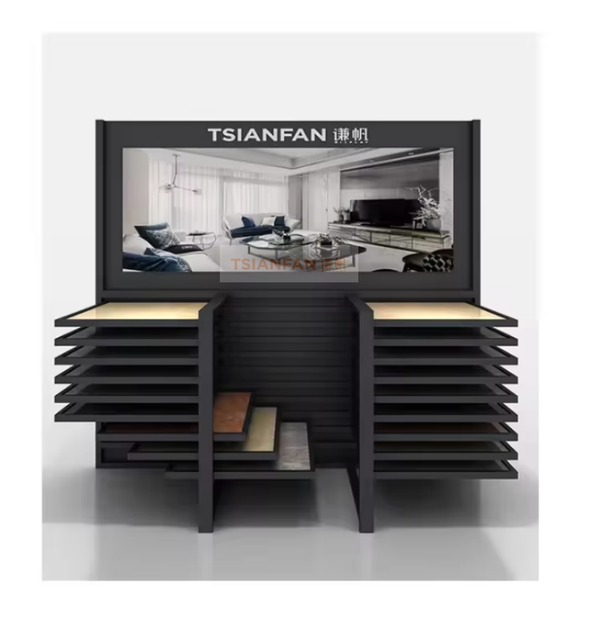 Luxury Fixed Device Sliding Granite Stone Display Stand with Scene Screen Combination Ceramic Tile Push Pull Display Stand