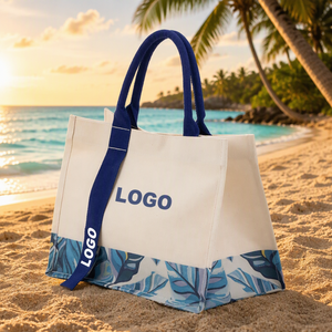 Canvas <b>Tote</b> Bag Tropical Leaf Print Cream Blue Cotton Reusable Shopping Bag With Rope Handles Eco Friendly Beach Bag - Product Image 3