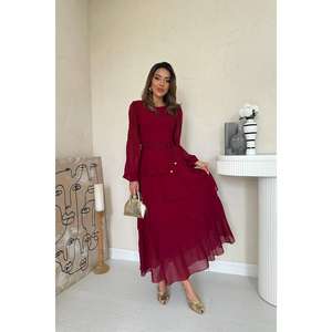 ชุดราตรีผ้าชีฟองสีเบอร์กันดีทรงเอไลน์ แต่งระบายชั้นๆ เอวธรรมชาติ แขนยาว ผ้าบางเบา ความยาวแบบแม็กซี่ - Product Image 5