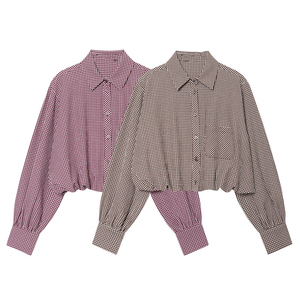GX1524 Blouse <span class=keywords><strong>Femme</strong></span> Décontractée à Manches Longues Col Polo à <span class=keywords><strong>Carreaux</strong></span> Style Urbain Printemps Automne - Product Image 2