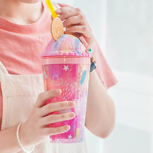 Vaso Acrílico Transparente de Doble Pared con Orejas de Ratón de 450 ml y 16 oz, con Pajita y Tapa de Cúpula, Lindo Vaso de Plástico de Doble Pared Rosa y Verde - Product Image 3