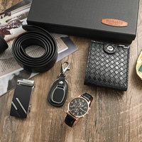 Set Hadiah Jam Tangan Pria Chronograph Bisnis, Dompet, Sabuk, Gantungan Kunci 5pcs/set, Hadiah Ulang Tahun Liburan