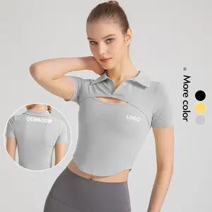 Femmes haut court entraînement col rabattu T-Shirts entraînement Yoga hauts femmes vêtements de sport actif manches courtes chemises