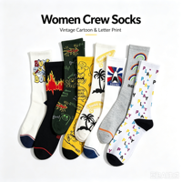 Chaussettes ras du cou pour femme en coton jacquard à motif de lettres de dessin animé vintage, style urbain tendance, personnalisables avec logo
