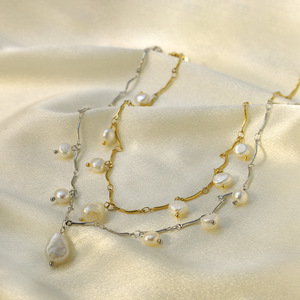 Pearl Necklace Oval Freshwater Pearl Stainless Steel Tassel Clavicle Chain Daily Wear Jewelry Gold Steel Color - Product Image 1