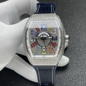 Montre pour homme de la série V45, luxe, échelle temporelle arc-en-ciel, entièrement sertie de diamants, bracelet en cuir bleu, entièrement automatique, mécanique, verre saphir - Product Image 1