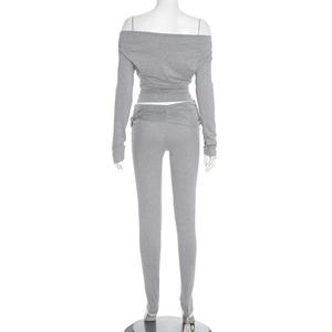 Viviblook J25ST264 femmes décontracté sport Yoga Fitness ensemble hors épaule à manches longues taille haute pantalon serré deux pièces ensemble - Product Image 5