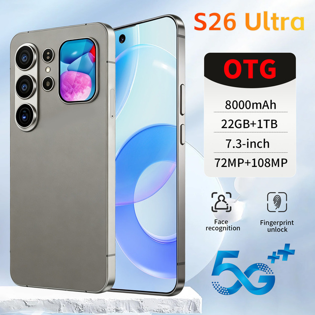 S26 Ultra Unlocked 22GB+2TB Large Memory Smartphone 8000mAh Battery 7.3 Inch HD Display 108MP Camera GPS Face ID 5G Cell Phone