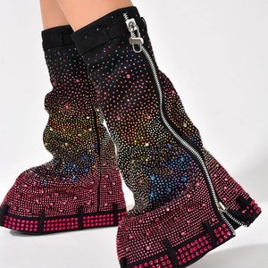 Denim Metallic Lock Shark Long <b>Boots</b> Thick Soles Knee High Booties Women Round Toe Zipper Bling Diamonds Shoes for Lady - Product Image 6