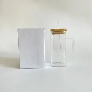 كوب قابل لإعادة الاستخدام للسفر 13.5 أونصة 400 مل جرة زجاجية مربعة الشكل بغطاء من الخيزران الواضح وماصة ملونة للقهوة المثلجة والعصير المُحلى