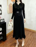 Robe longue plissée tissée pour femme avec volants, perles, col en V élégant, ceinture, manches retroussées, lavable, infroissable et écologique