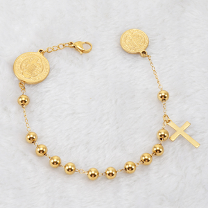 Bracciale Religioso con Perline Placcato Oro 18K in Acciaio Inossidabile con Ciondolo Croce e Vergine Maria Catena a Rosario per Donna - Product Image 6