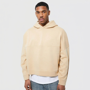 OEM Wholesale Oversized Box Fit Crop <b>Top</b> Hoodies Custom logo No <b>String</b> Thick Cotton Blank Cropped Rib Raw Hem Hoodie for Men - Product Image 1