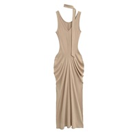 Robe longue moulante élégante pour femme, sans manches, col en V, avec détails halter, liens latéraux, plissée et froncée, style OEM