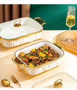 Plat de cuisson rectangulaire <span class=keywords><strong>en</strong></span> céramique à double poignée, vaisselle d'hôtel, réchaud à bougie de style nordique à bord doré - Product Image 5