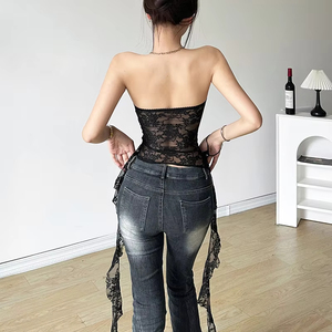 Nuevas tendencias <span class=keywords><strong>de</strong></span> verano para mujer, top corto sexy <span class=keywords><strong>de</strong></span> <span class=keywords><strong>encaje</strong></span> con malla en el pecho, color sólido, sin <span class=keywords><strong>tirantes</strong></span>, acolchado, transparente, 2024 - Product Image 4