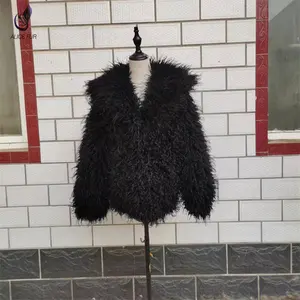 Toptan tedarik kadınlar moda tasarım Faux kürk kabarık yumuşak sahte moğol kürk ceket ile büyük Turn Down yaka
