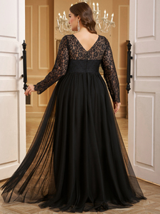 Váy cưới ren hoa sang trọng, tay dài, chất liệu lưới, kiểu dáng xẻ cổ khoét lỗ, dáng chữ A, dành cho cô dâu ngoại cỡ. - Product Image 4