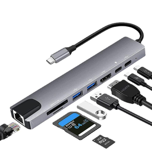 מתאם USB Type-C 8 ב-1 עם חיבור LAN 2.1, סגסוגת אלומיניום, 4K HDTV, USB <span class=keywords><strong>3</strong></span>.0, קורא כרטיסי <span class=keywords><strong>SD</strong></span>/TF, טעינה PD100W, בצבע כסוף, במלאי - Product Image 2